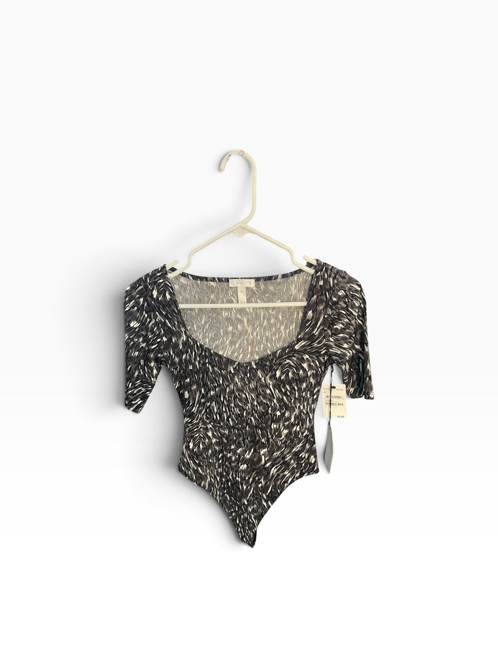 Leith Womens XS Bodysuit Black Swirl Cat Print Sweetheart Neck Short Sleeve NWT